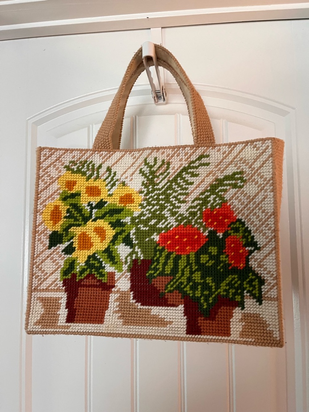 Handmade Floral Needlepoint Tote Bag in Beige and Green